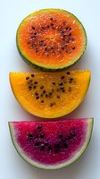 Fresh watermelon slices in different natural color variations - red, yellow and orange flesh with black seeds arranged vertically on white background, showing juicy texture.