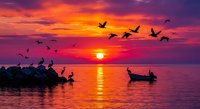 Stunning sunset over calm water with silhouetted birds flying and fisherman in boat. Vibrant orange and purple sky reflects on sea surface creating peaceful scene.