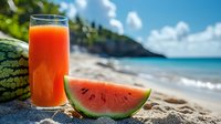 Fresh watermelon juice and slice on sandy tropical beach with turquoise ocean water and blue sky, summer refreshment and healthy lifestyle concept.