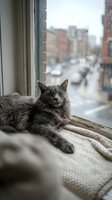 Gray tabby cat lounging on windowsill with urban cityscape visible through rainy window, domestic pet relaxing indoors with blurred street view background.
