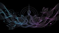 Meditation silhouette with sacred geometry circles and flowing botanical elements on black background. Spiritual wellness mindfulness concept.