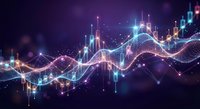 Glowing digital stock market chart with candlesticks and wave lines on dark purple background, futuristic finance and data visualization concept.