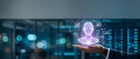 Businessman holding glowing holographic human head with digital icons and data visualization in modern office environment with server room background.