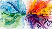 Vibrant rainbow color wheel with flowing organic shapes and geometric patterns radiating from center on white background for creative design projects.
