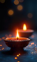 Traditional clay oil lamps burning with warm flames against dark background with golden bokeh lights for Diwali festival celebration and spiritual ceremonies.