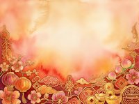 Lunar new year celebration background with traditional red and gold decorative elements, lanterns, flowers and ornamental patterns creating festive atmosphere for holiday designs and seasonal promotions.