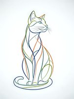 Elegant line art cat sitting gracefully with colorful flowing contours on white background for modern design projects and pet-themed artwork.