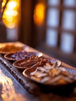 Artisanal chocolate truffles arranged on rustic wooden board with soft bokeh lighting, creating cozy atmosphere for gourmet dessert photography.