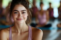 Young Caucasian woman smiling warmly in fitness studio wearing purple sports bra with blurred gym background showing healthy active lifestyle and wellness.