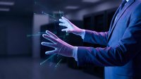 Professional businessman in suit interacting with futuristic holographic interface technology displaying digital data visualization in modern office environment.