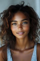 Young mixed race woman with bright blue eyes, freckles, and natural curly brown hair smiling at camera. Close-up portrait showing genuine happiness and confidence.