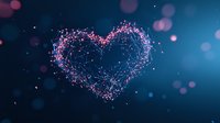 Glowing heart shape formed by connected particles and light dots on dark blue background with bokeh effect creates romantic atmosphere for Valentine designs.