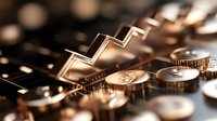 Metallic cryptocurrency coins with rising arrow graph in golden tones, macro shot showing financial growth trend and digital currency market dynamics.