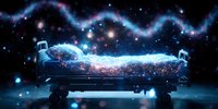 Magical hospital bed with glowing cosmic nebula trail floating in dark starry space, surreal dreamy medical concept for sleep disorders and night therapy.