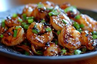 Succulent grilled shrimp glazed with sweet and savory Asian sauce, garnished with fresh chopped green onions served on dark plate, close up view of seafood dish.