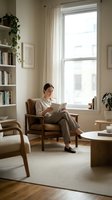 Woman in casual business attire reading newspaper while sitting in leather armchair by bright window in minimalist home office with bookshelves and plants.