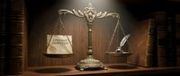 Ornate bronze scales of justice with feather quill and contract document on wooden desk in dark courtroom setting for legal and law firm concepts.
