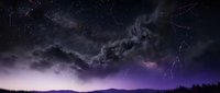 Dramatic night sky with purple aurora borealis and constellation lines over mountain silhouette. Starry cosmic background for astronomy and space themes.