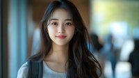 Young Asian woman with long dark hair and natural makeup smiling at camera, wearing casual grey top and backpack in blurred urban setting.