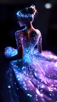 Young woman in luminous ball gown with glowing cosmic effect, stars and sparkles covering her silhouette against dark background, creating magical fantasy atmosphere.