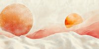 Minimalist abstract landscape with orange sun and moon over pink mountain silhouettes against cream background, decorated with delicate white dots and soft waves.