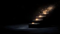 Mysterious glowing steps ascending in darkness with magical sparkles and light effects creating dramatic atmosphere for success and achievement concept.