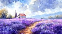 Watercolor countryside landscape with white farmhouse and blooming purple lavender field under dramatic cloudy sky, dirt path through flowers leads to house.