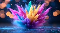 Vibrant explosion of colorful powder paint with pink, yellow, blue and purple hues against dark background with bokeh lights, creating dynamic motion effect.