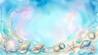 Watercolor seashells and starfish border frame with soft blue pink background for summer beach wedding invitations greeting cards coastal decor projects.