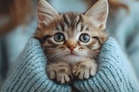 Adorable striped kitten with blue eyes peeking out from cozy turquoise knitted sweater sleeve. Close up portrait showing curious expression and tiny paws.
