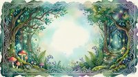 Watercolor enchanted forest frame with glowing fireflies, mushrooms, and lush greenery, featuring a blank center space for text or design.