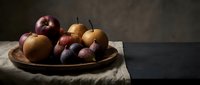 Fresh autumn fruits including apples, pears and plums arranged in rustic wooden bowl on linen cloth against dark moody background for seasonal cooking.