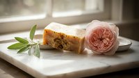 Handmade soap bar with natural ingredients and rose petals displayed on marble surface with fresh botanical elements and soft natural lighting for wellness and beauty product marketing.