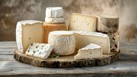 Gourmet cheese board with variety of artisanal cheeses on rustic wooden platter, showcasing different textures and flavors for culinary presentation.
