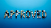 Approved text formed from stacked wooden blocks on blue background, representing business decision, quality assurance, and acceptance concept for corporate projects.