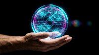 Male hands holding glowing digital sphere with network connections and data visualization on dark background for technology and innovation concepts.