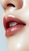 Close-up of glossy pink lips with natural shine and soft skin texture, showing partial view of nose and mouth for beauty and cosmetic advertising.