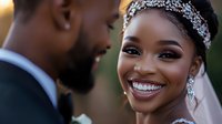 African American bride with radiant smile wearing crystal tiara and veil shares intimate moment with groom during outdoor wedding ceremony celebration.