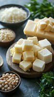 Fresh white butter cubes on wooden cutting board with rice, soybeans and parsley. Cooking ingredients composition on dark background with natural light.