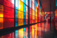 Modern corridor with multicolored glass panels creating vibrant reflections on polished floor. Dramatic architectural interior features red, yellow and blue transparent walls.