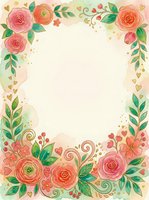 Watercolor floral frame with pink and coral roses, green foliage, and gold hearts on cream background. Isolated design ready for invitations, cards, and stationery projects.