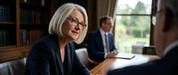 Mature woman with white hair and glasses wearing dark blazer sits at conference table during business meeting with colleagues in office setting.