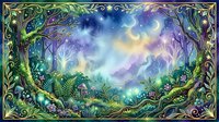 Enchanted forest landscape with glowing moon and stars, mystical night sky with purple and blue hues, lush green vegetation and twisted trees framing magical woodland scene for fantasy art and design projects.