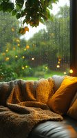 Cozy window seat with knitted blanket and yellow cushion during rain, string lights glowing against wet window pane, green foliage visible outside.
