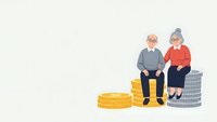 Senior couple sitting on stacks of coins planning retirement savings and financial security for golden years.