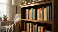 Wooden bookshelf filled with colorful books in a cozy living room with soft natural light, armchair, and houseplants in background.