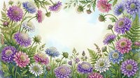 Watercolor floral frame with purple, pink and blue wildflowers and green ferns, forming a border around a light background with copy space.