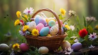 Colorful Easter eggs in wicker basket with spring flowers and decorations on wooden surface, perfect for holiday celebrations and seasonal designs.