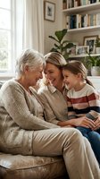 Three generations of Caucasian women sharing intimate moment on living room sofa, grandmother mother and daughter bonding together in cozy home interior.