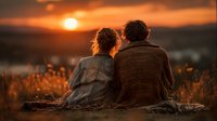 Romantic couple sitting together watching golden sunset over landscape, back view silhouette, warm evening light, love and togetherness concept for relationships.